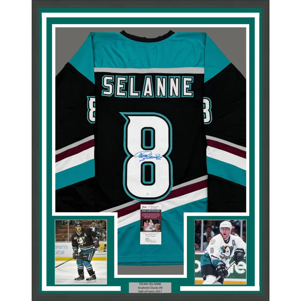 Framed Autographed Teemu Selanne 35x39 Anaheim Black Retro Hockey Jersey JSA COA | Hall of Fame Sports Memorabilia | vintageantiquesgifts.com