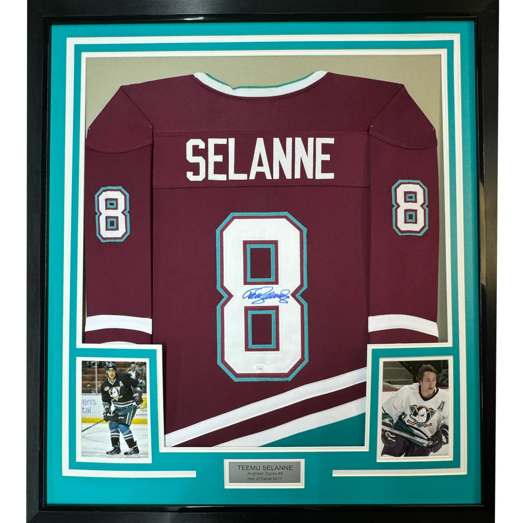 Framed Autographed Teemu Selanne 35x39 Anaheim Maroon Retro Hockey Jersey JSA COA | Hall of Fame Sports Memorabilia | vintageantiquesgifts.com