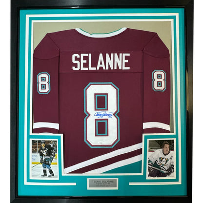 Framed Autographed Teemu Selanne 35x39 Anaheim Maroon Retro Hockey Jersey JSA COA | Hall of Fame Sports Memorabilia | vintageantiquesgifts.com