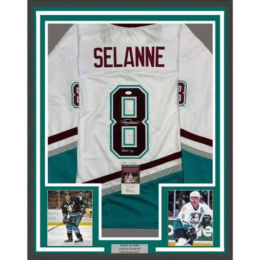 Framed Teemu Selanne HOF 17 signed hockey jersey with photos ready to hang