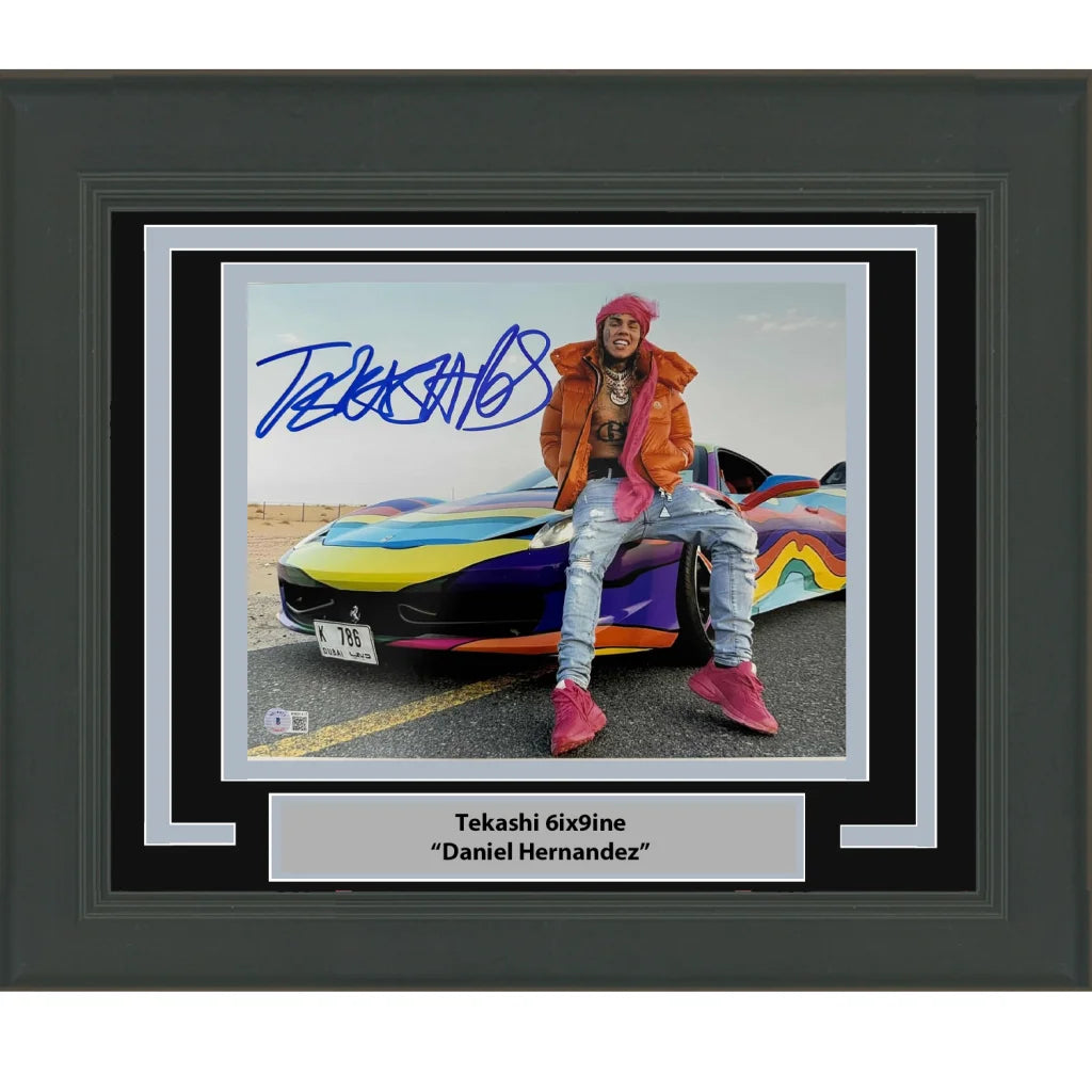 Professionally framed Tekashi 6ix9ine autographed photo with his customized car for display