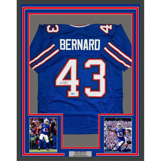 Framed Autographed Terrel Bernard 35x39 Buffalo Blue Football Jersey Beckett BAS COA | Hall of Fame Sports Memorabilia | vintageantiquesgifts.com