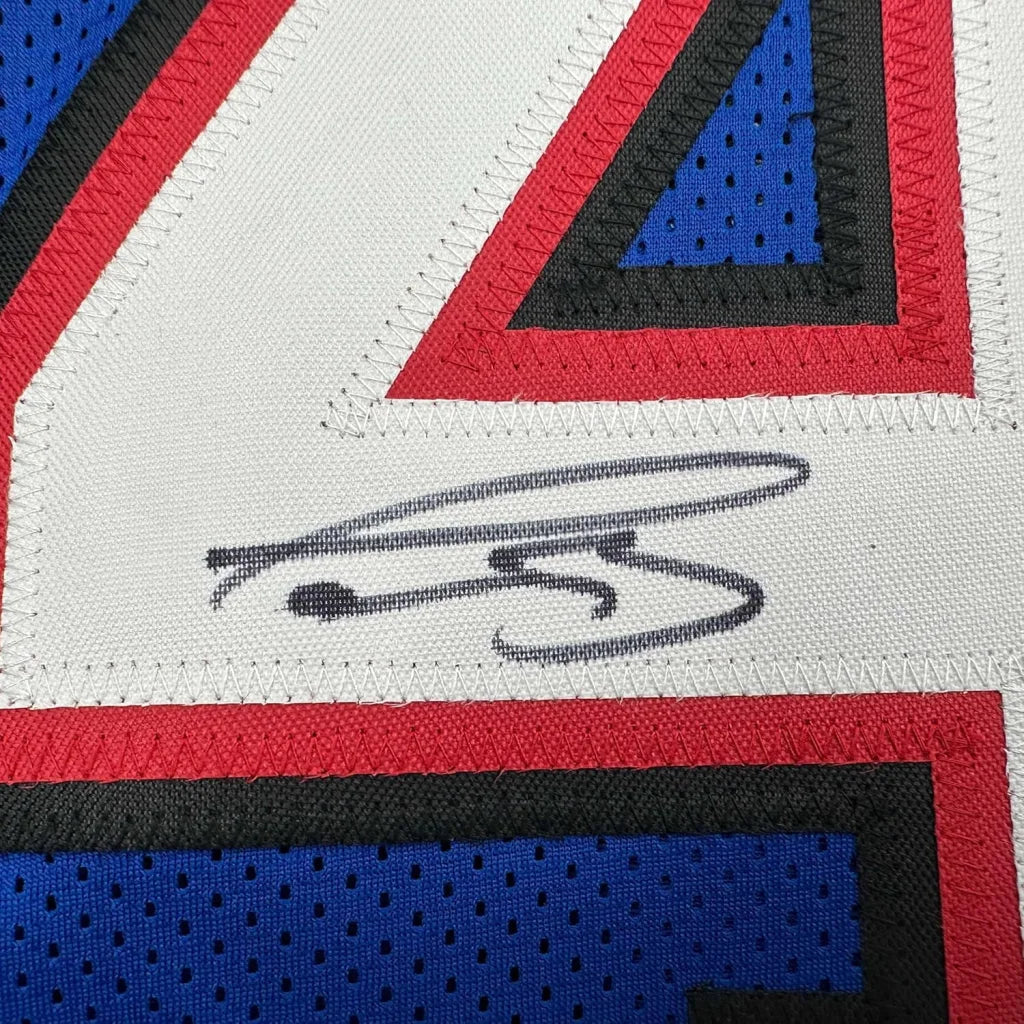 Framed Autographed Terrel Bernard 35x39 Buffalo Blue Football Jersey Beckett BAS COA | Certified Authentic Signed Memorabilia | vintageantiquesgifts.com