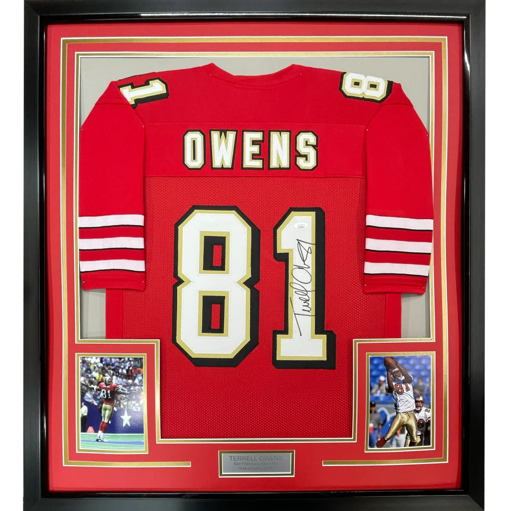 Framed autographed Terrell Owens red 49ers jersey Owens 81 JSA COA