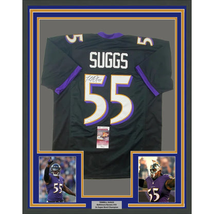 Framed Autographed Terrell Suggs 35x39 Baltimore Black Football Jersey JSA COA | Hall of Fame Sports Memorabilia | vintageantiquesgifts.com