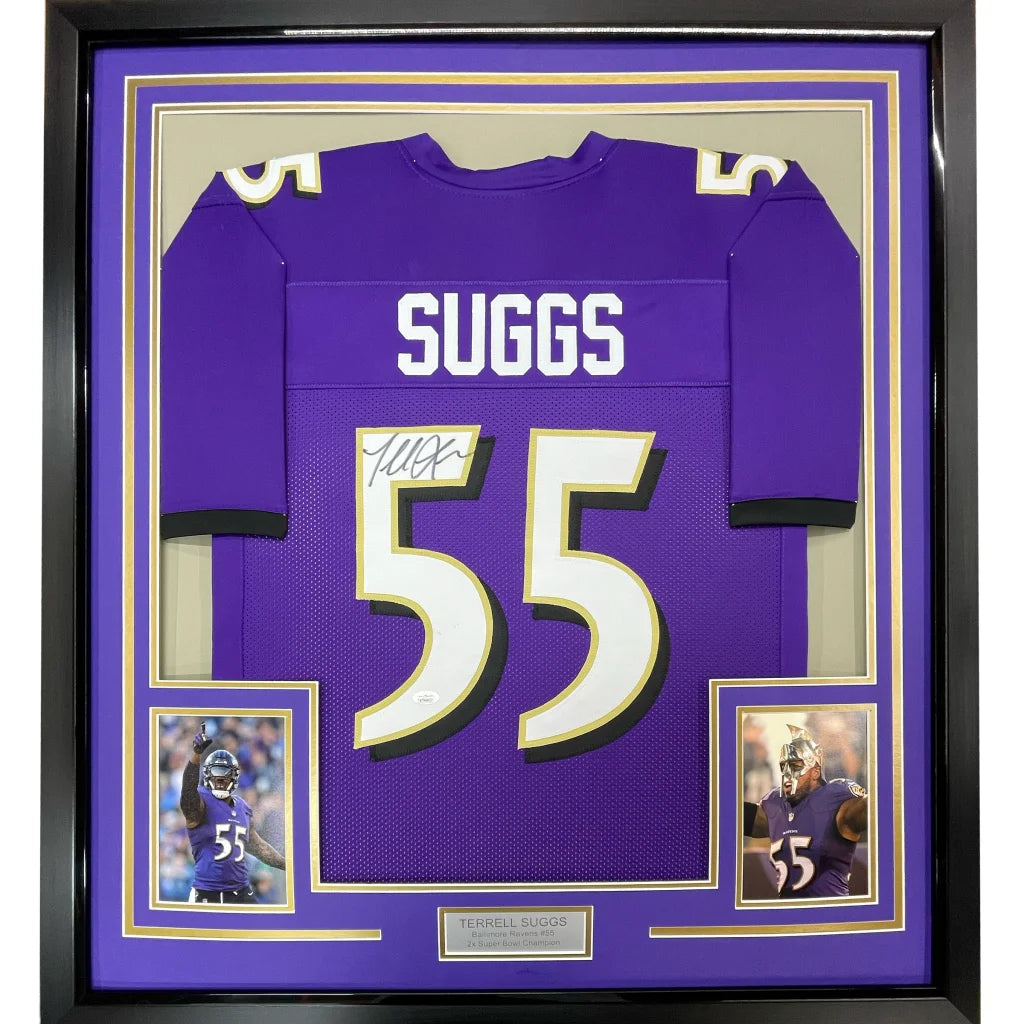 Framed Autographed Terrell Suggs 35x39 Baltimore Purple Football Jersey JSA COA | Hall of Fame Sports Memorabilia | vintageantiquesgifts.com
