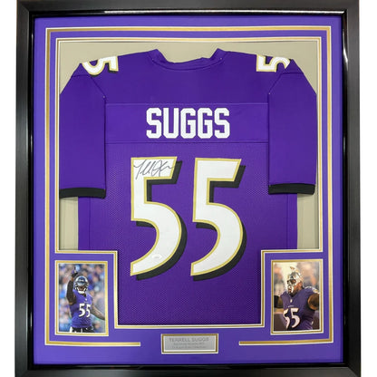Framed Autographed Terrell Suggs 35x39 Baltimore Purple Football Jersey JSA COA | Hall of Fame Sports Memorabilia | vintageantiquesgifts.com