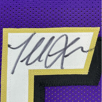 Framed Autographed Terrell Suggs 35x39 Baltimore Purple Football Jersey JSA COA | Certified Authentic Signed Memorabilia | vintageantiquesgifts.com