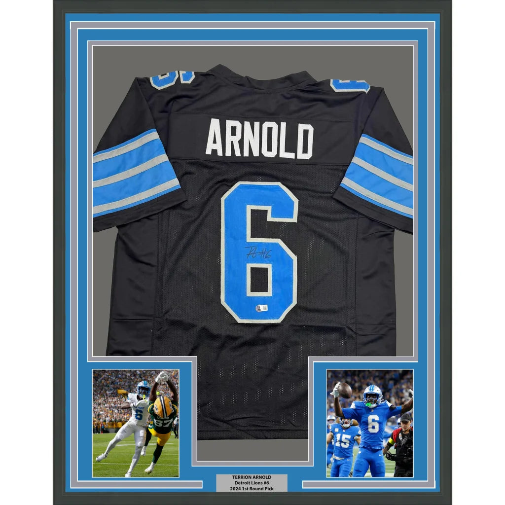 Framed autographed back of black Detroit Lions Terrion Arnold jersey number 6 Beckett BAS COA