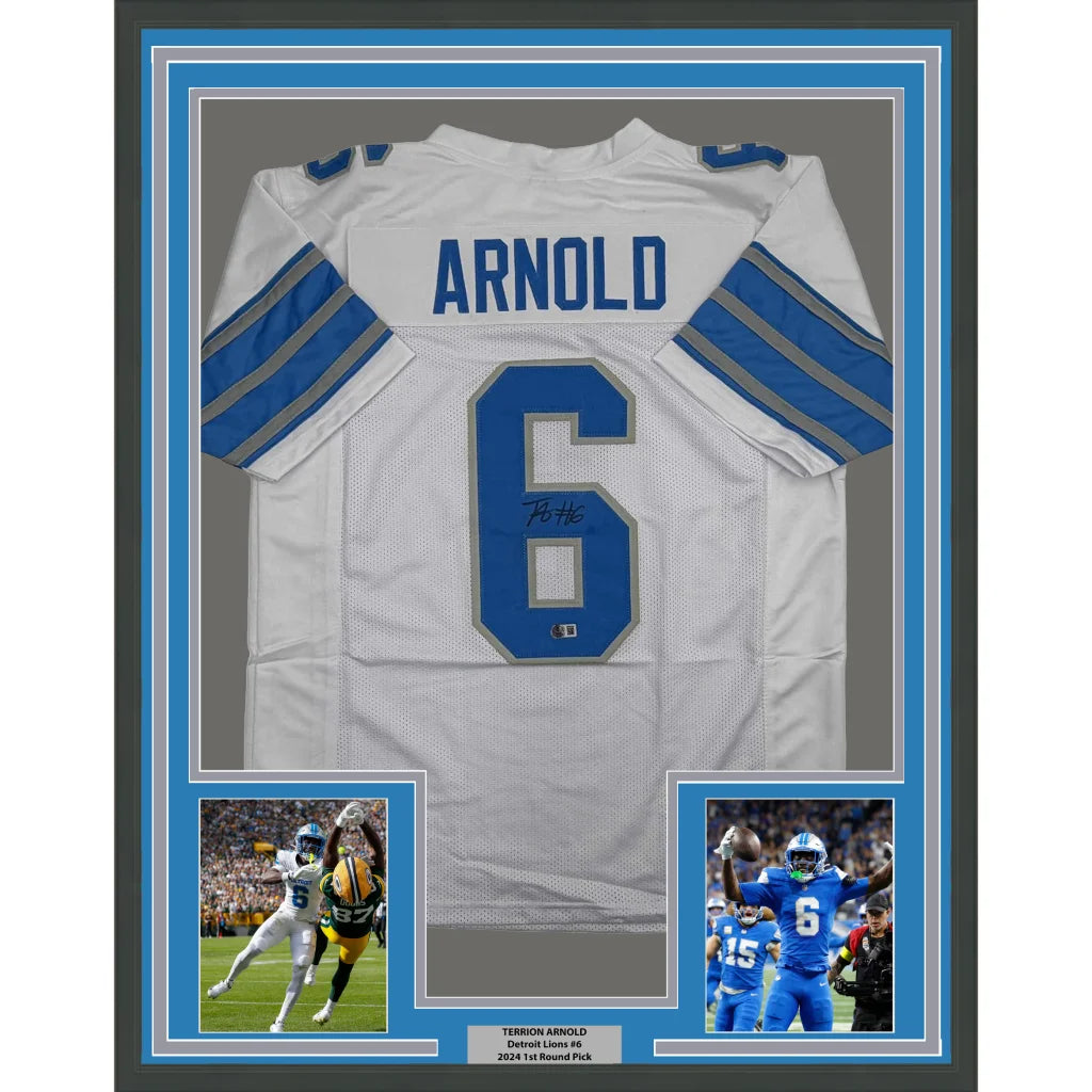 Framed Autographed Terrion Arnold 35x39 Detroit White Football Jersey Beckett BAS COA | Hall of Fame Sports Memorabilia | vintageantiquesgifts.com