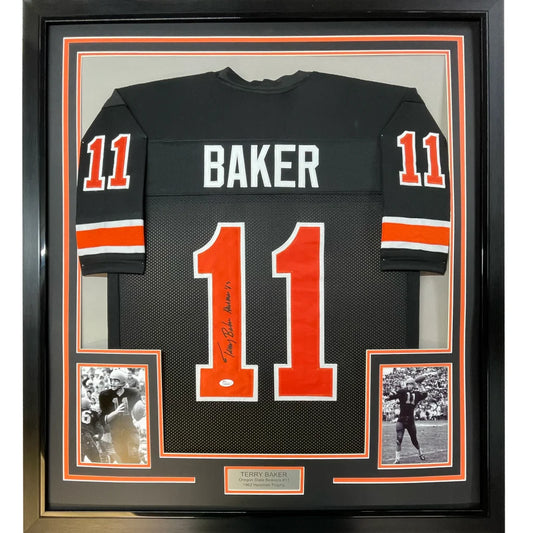 Professionally framed Terry Baker Heisman jersey with PSA DNA COA and autograph detail