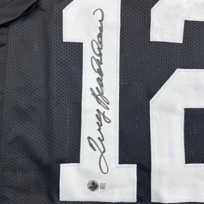 Framed Autographed Terry Bradshaw 35x39 Pittsburgh Black Football Jersey Beckett BAS COA | Certified Authentic Signed Memorabilia | vintageantiquesgifts.com