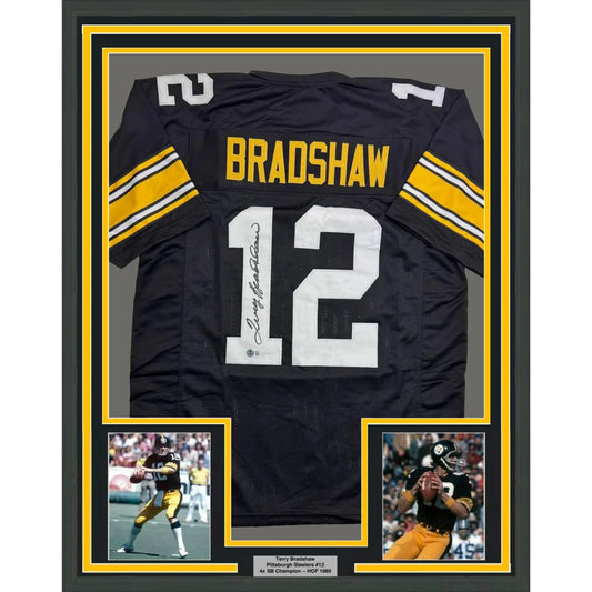Framed Autographed Terry Bradshaw 35x39 Pittsburgh Black Football Jersey Beckett BAS COA | Hall of Fame Sports Memorabilia | vintageantiquesgifts.com