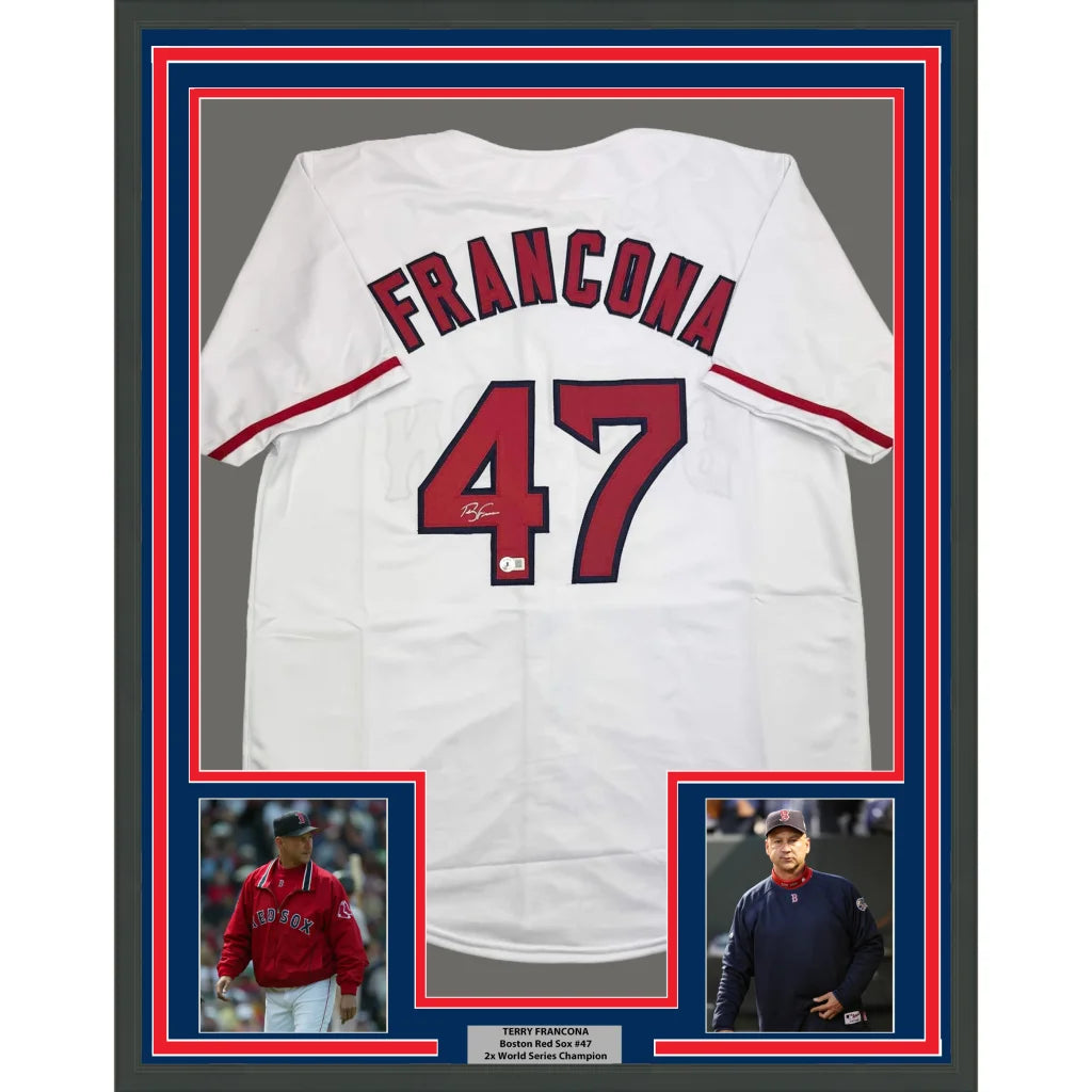 Framed Autographed Terry Francona 35x39 Boston White Baseball Jersey Beckett BAS COA | Hall of Fame Sports Memorabilia | vintageantiquesgifts.com