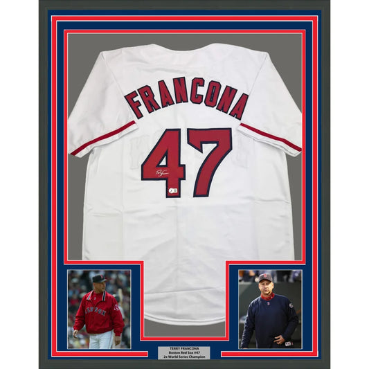 Framed Autographed Terry Francona 35x39 Boston White Baseball Jersey Beckett BAS COA | Hall of Fame Sports Memorabilia | vintageantiquesgifts.com