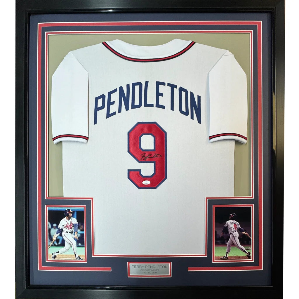 Framed autographed Terry Pendleton Atlanta white baseball jersey with JSA COA