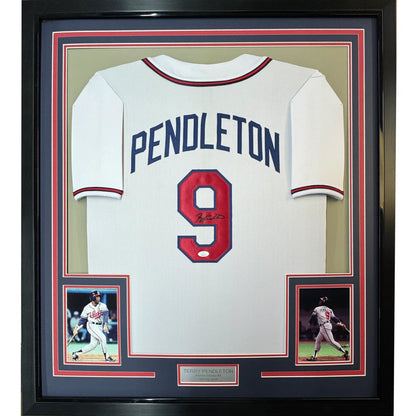 Framed autographed Terry Pendleton Atlanta white baseball jersey with JSA COA