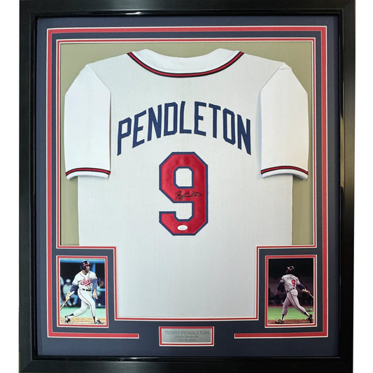 Framed autographed Terry Pendleton Atlanta white baseball jersey with JSA COA