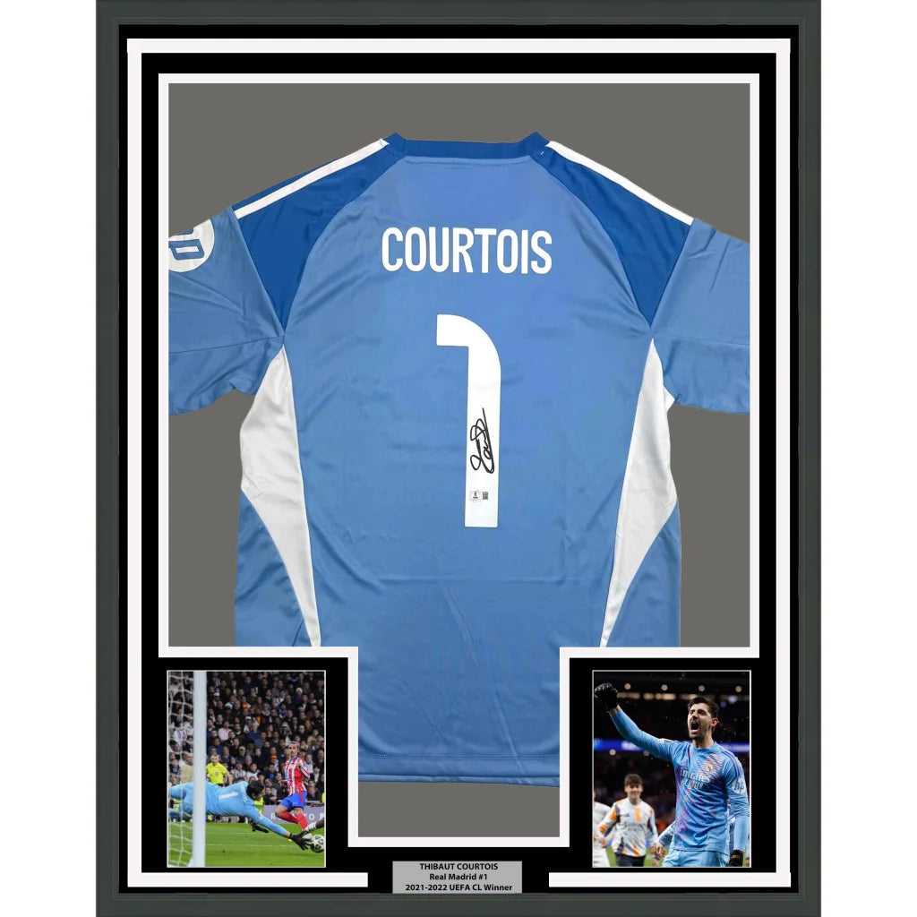 Framed signed Thibaut Courtois Real Madrid light blue GK jersey with Courtois 1, Beckett BAS COA