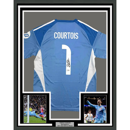 Framed signed Thibaut Courtois Real Madrid light blue GK jersey with Courtois 1, Beckett BAS COA