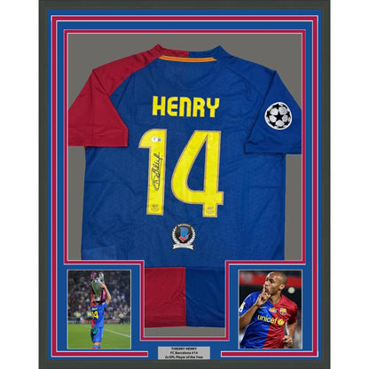 Man cave display of Thierry Henry FC Barcelona jersey with Beckett BAS COA and photos