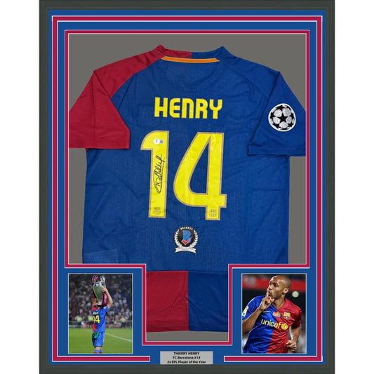 Man cave display of Thierry Henry FC Barcelona jersey with Beckett BAS COA and photos