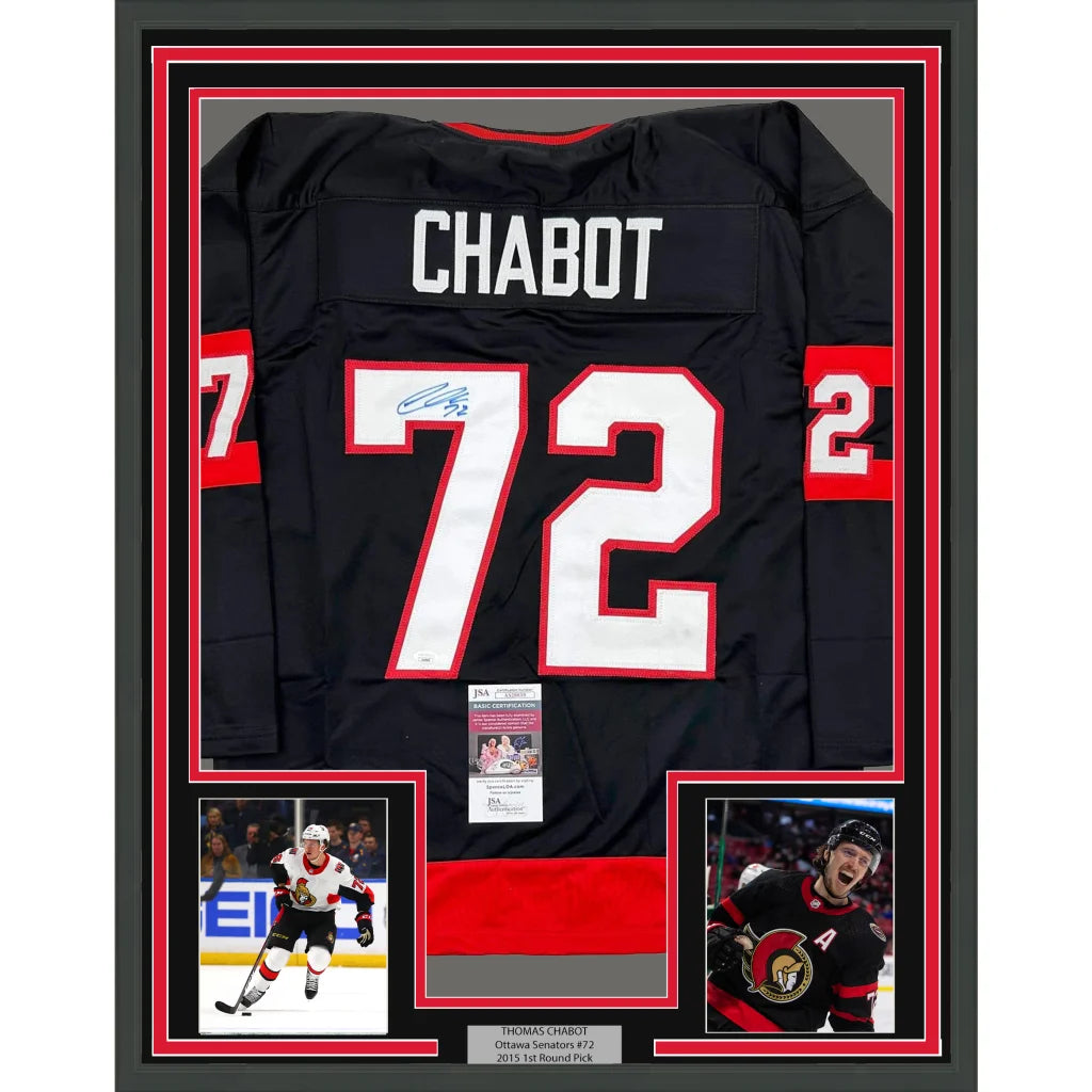 Framed autographed Thomas Chabot Ottawa black jersey back, name Chabot 72, JSA COA