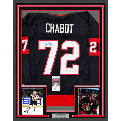 Framed autographed Thomas Chabot Ottawa black jersey back, name Chabot 72, JSA COA