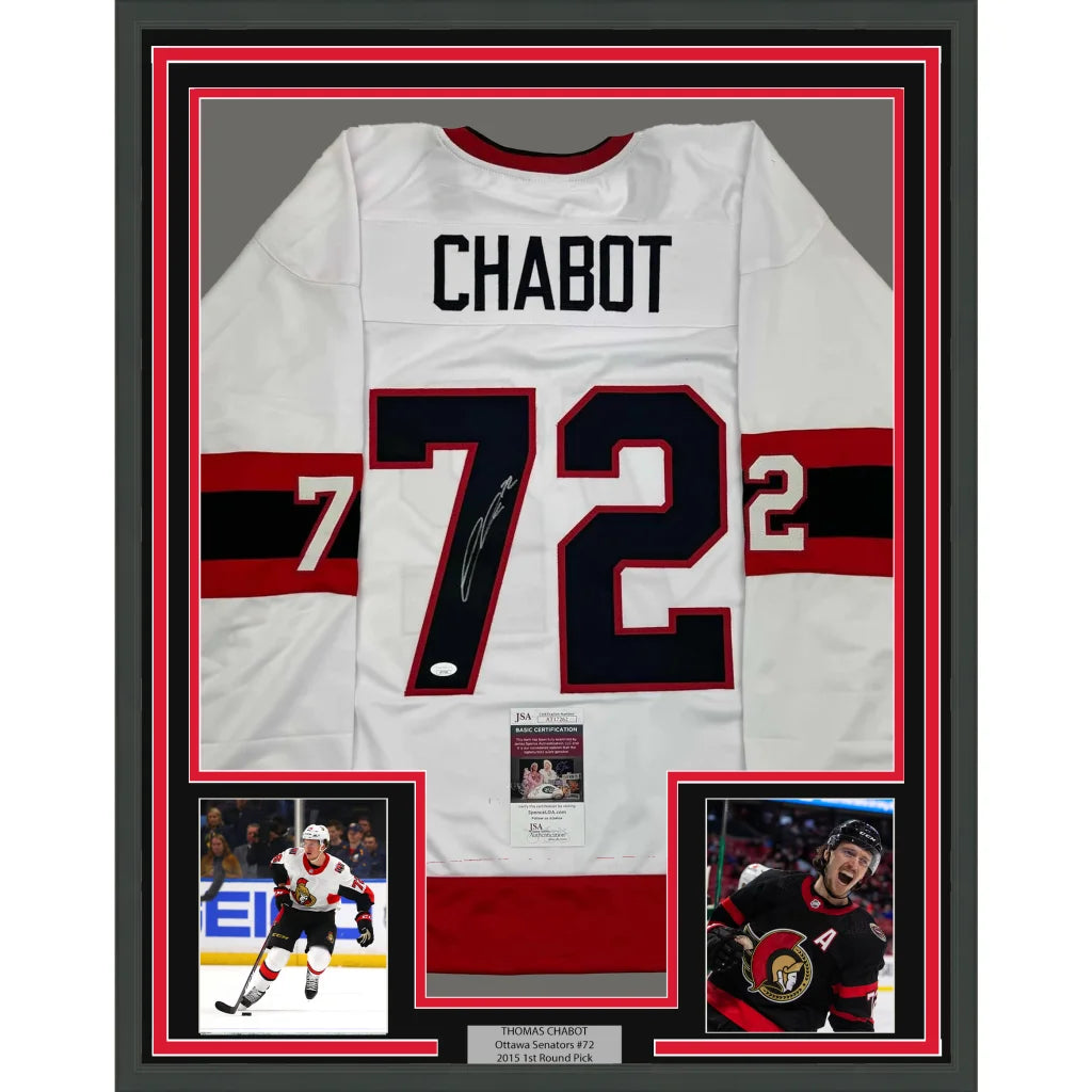 Framed Autographed Thomas Chabot 35x39 Ottawa White Hockey Jersey JSA COA | Hall of Fame Sports Memorabilia | vintageantiquesgifts.com