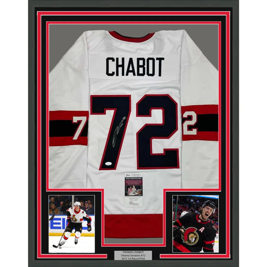 Framed Autographed Thomas Chabot 35x39 Ottawa White Hockey Jersey JSA COA | Hall of Fame Sports Memorabilia | vintageantiquesgifts.com