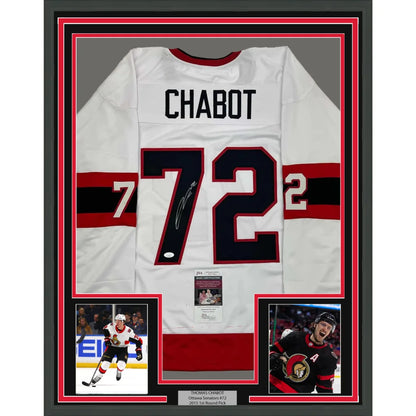Thomas Chabot signed framed hockey jersey with player photos, perfect man cave display