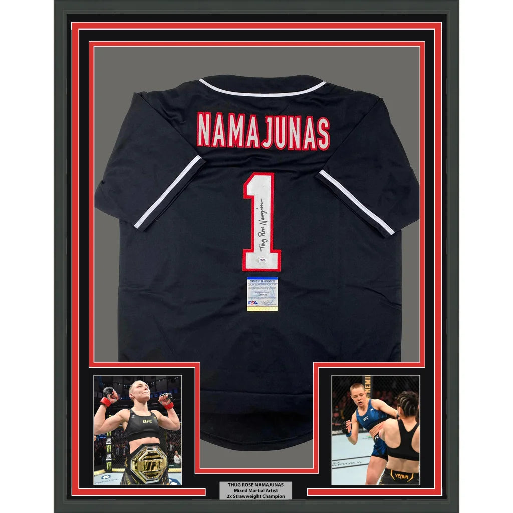 Framed Autographed Thug Rose Namajunas 35x39 UFC MMA Black Ultimate Fighting Jersey Shirt PSA/DNA COA | Hall of Fame Sports Memorabilia | vintageantiquesgifts.com