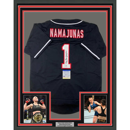 Framed Autographed Thug Rose Namajunas 35x39 UFC MMA Black Ultimate Fighting Jersey Shirt PSA/DNA COA | Hall of Fame Sports Memorabilia | vintageantiquesgifts.com