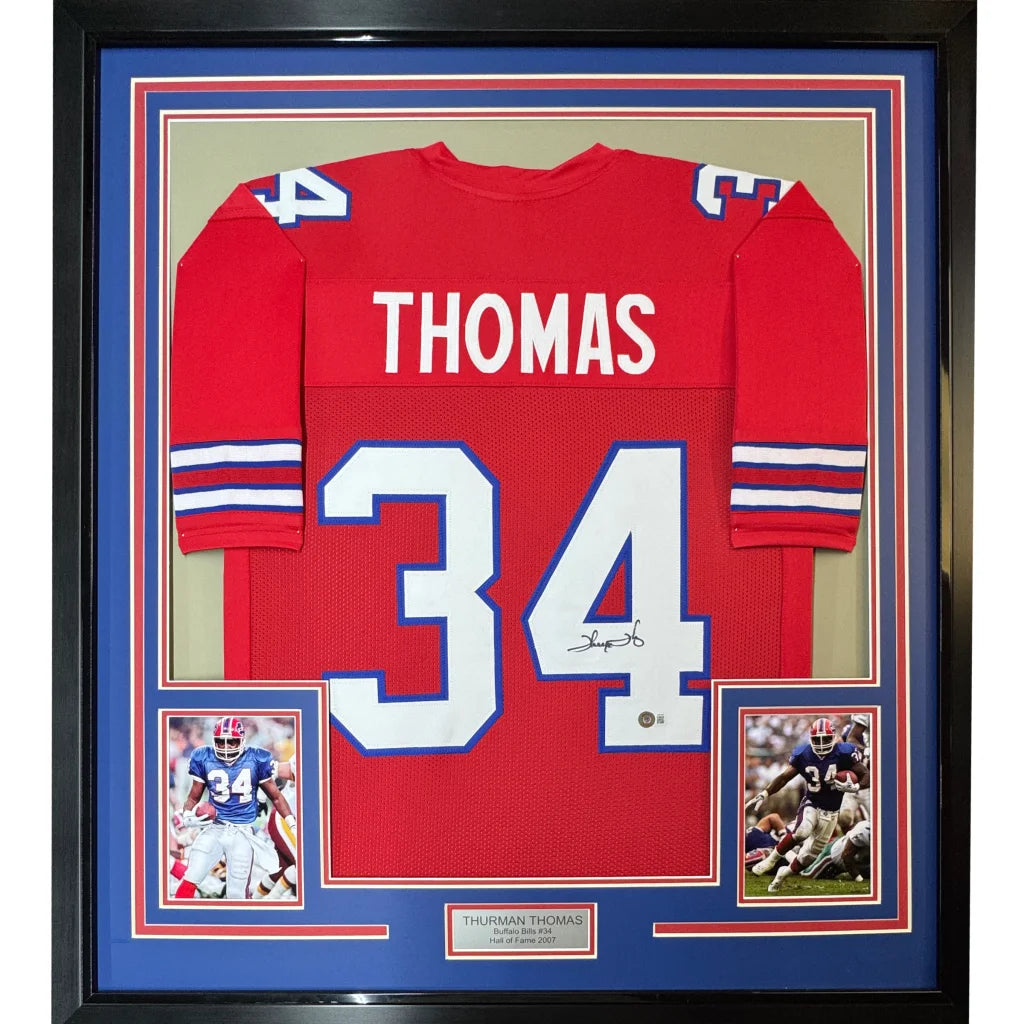 Framed autographed Thurman Thomas Buffalo red jersey back, name Thomas 34, JSA COA
