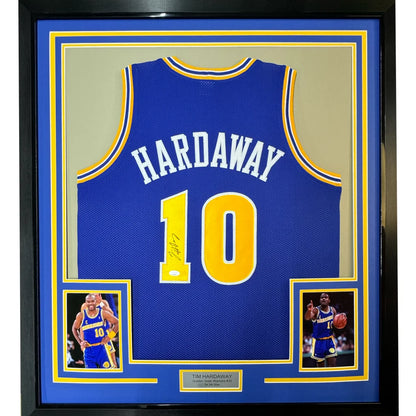Framed Tim Hardaway signed Warriors jersey with photos and matting for wall display