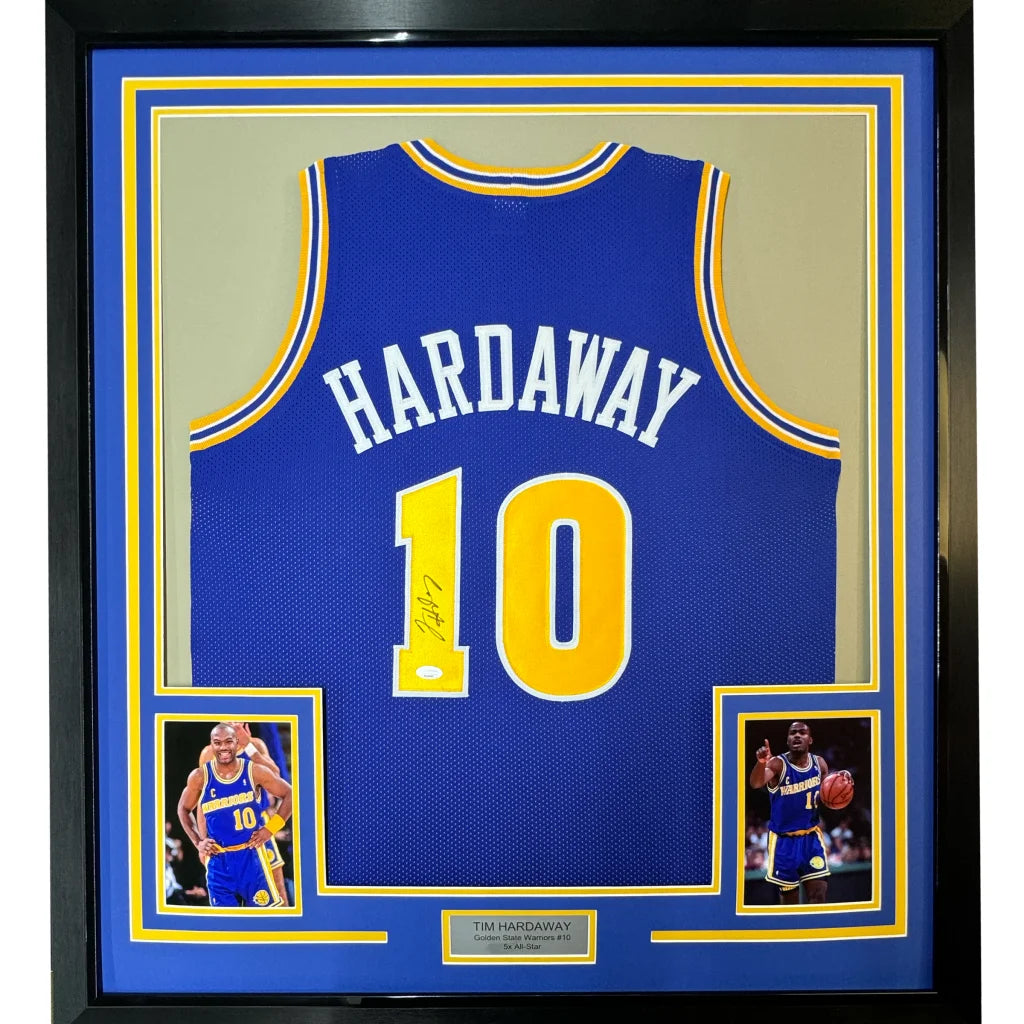Framed Autographed Tim Hardaway 35x39 Golden State Blue Basketball Jersey JSA COA | Hall of Fame Sports Memorabilia | vintageantiquesgifts.com
