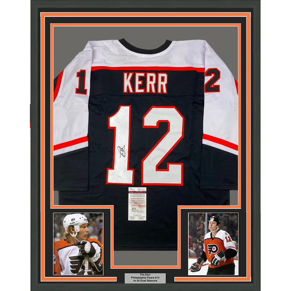 Framed Autographed Tim Kerr 35x39 Philadelphia Black Hockey Jersey JSA COA | Hall of Fame Sports Memorabilia | vintageantiquesgifts.com
