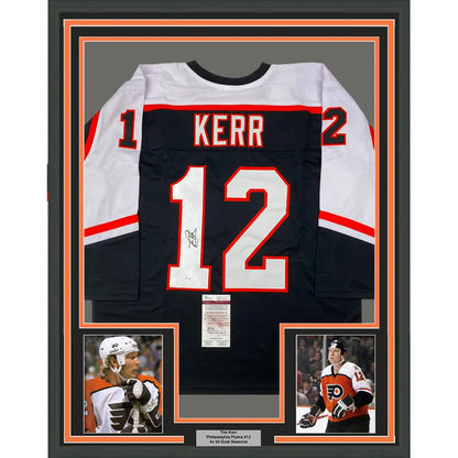 Framed Autographed Tim Kerr 35x39 Philadelphia Black Hockey Jersey JSA COA | Hall of Fame Sports Memorabilia | vintageantiquesgifts.com