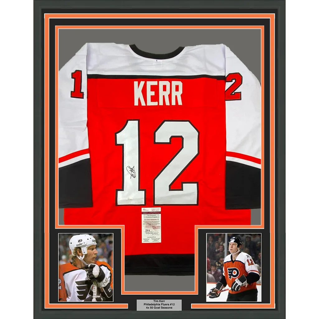 Framed Autographed Tim Kerr 35x39 Philadelphia Orange Hockey Jersey JSA COA | Hall of Fame Sports Memorabilia | vintageantiquesgifts.com