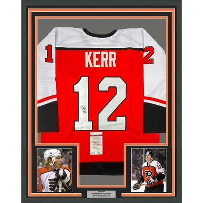 Framed Autographed Tim Kerr 35x39 Philadelphia Orange Hockey Jersey JSA COA | Hall of Fame Sports Memorabilia | vintageantiquesgifts.com