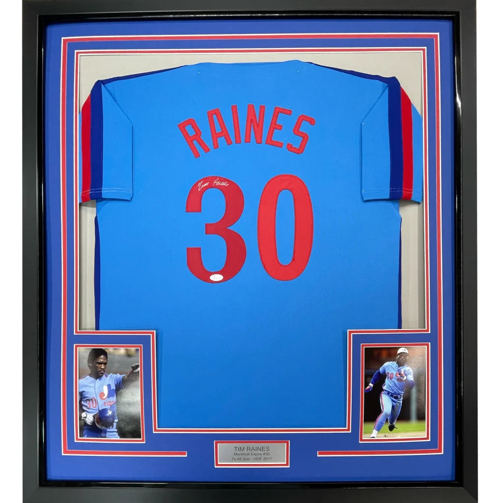 Framed autographed Tim Raines Montreal Expos blue jersey with Raines 30 JSA COA
