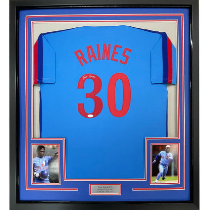 Framed autographed Tim Raines Montreal Expos blue jersey with Raines 30 JSA COA