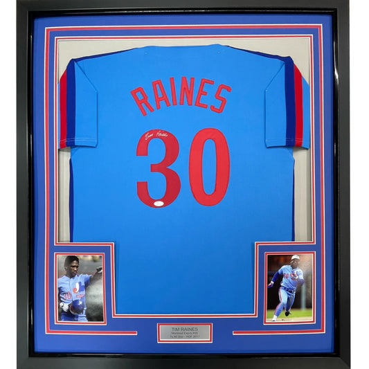 Framed autographed Tim Raines Montreal Expos blue jersey with Raines 30 JSA COA