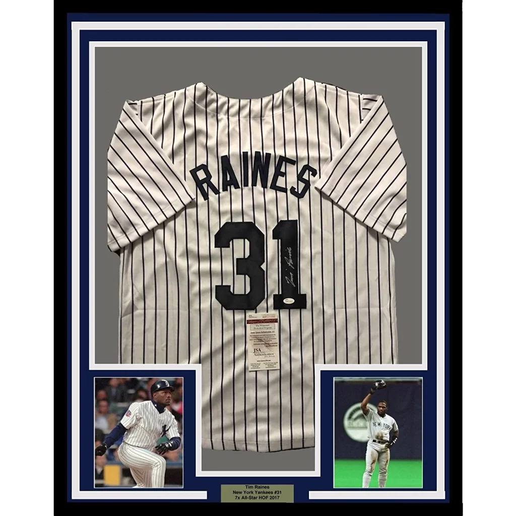 Framed autographed Tim Raines white pinstripe jersey with number 31, JSA COA