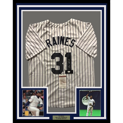 Framed autographed Tim Raines white pinstripe jersey with number 31, JSA COA