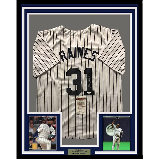 Framed autographed Tim Raines white pinstripe jersey with number 31, JSA COA