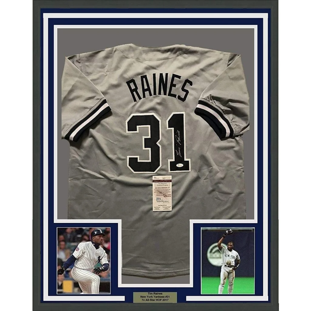 Framed Autographed Tim Raines 35x39 New York Yankees Grey Baseball Jersey JSA COA | Hall of Fame Sports Memorabilia | vintageantiquesgifts.com