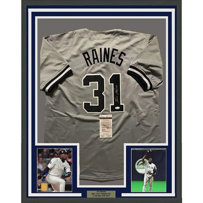Framed Autographed Tim Raines 35x39 New York Yankees Grey Baseball Jersey JSA COA | Hall of Fame Sports Memorabilia | vintageantiquesgifts.com