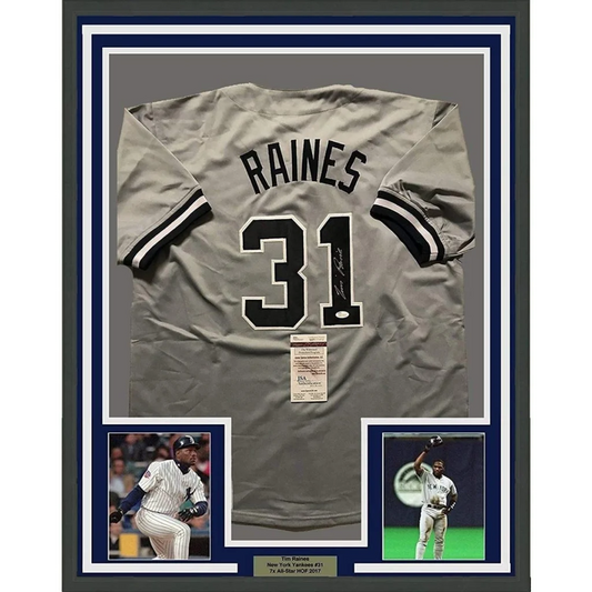 Framed Autographed Tim Raines 35x39 New York Yankees Grey Baseball Jersey JSA COA | Hall of Fame Sports Memorabilia | vintageantiquesgifts.com