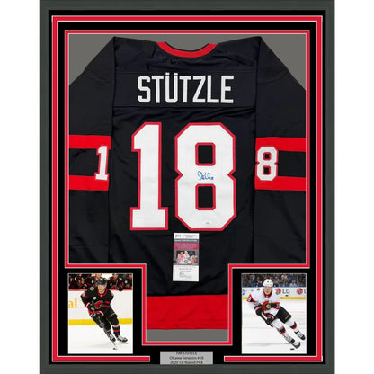 Framed Autographed Tim Stutzle 35x39 Ottawa Black Hockey Jersey JSA COA | Hall of Fame Sports Memorabilia | vintageantiquesgifts.com